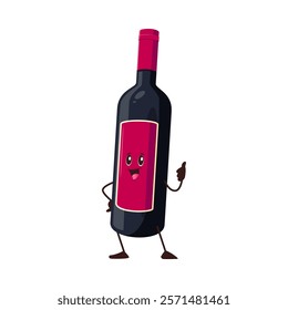 Cartoon groovy red wine bottle happy character. Cabernet red wine funny retro vector mascot. Restaurant alcohol drink, bordeaux bottle cute character or groovy personage showing thumb up gesture