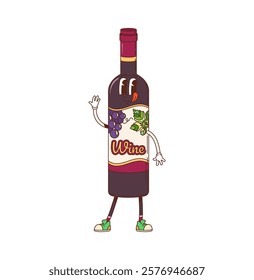 Cartoon groovy red wine bottle retro character. Restaurant merlot red wine cheerful groovy vector personage. cabernet grape alcohol drink bottle happy mascot or isolated cartoon character waning hand