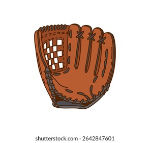 Cartoon groovy retro baseball glove. Vector leather mitt, vintage sports equipment with Y2K aesthetic with detailed stitching, emphasizing sporty vibes. Classic sports gear for catching balls on field