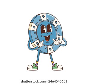 Cartoon groovy retro casino chip character with funky face smile, vector comic. Groovy funny casino poker game or wheel of fortune gamble chip with jackpot smiling face as cartoon groovy character