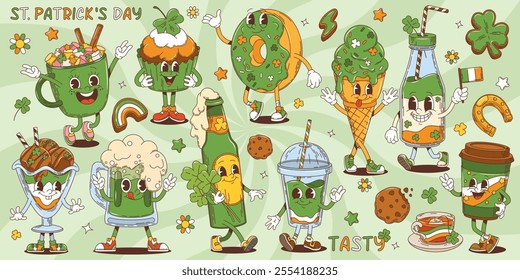 Cartoon groovy retro dessert and drink characters, Saint Patrick day holiday vector personages of pastry and sweets. Groovy green beer, coffee, cocktail and cake, trefoil clover and rainbow cookie