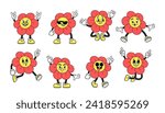 Cartoon Groovy Retro Flowers Emoji Exudes Vibrant Nostalgia, Featuring Stylized Weird Blossoms Reminiscent Of The 60s