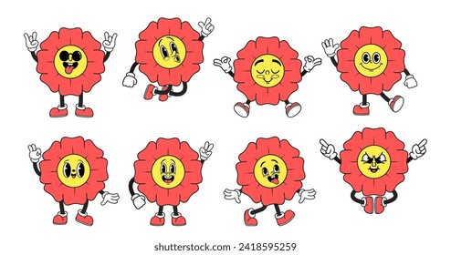 Cartoon Groovy Retro Flowers Emoji Features Vibrant, Psychedelic Daisy Blooms Reminiscent Of The 60s And 70s