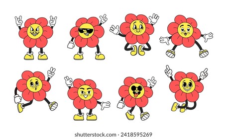 Cartoon Groovy Retro Blumen Emoji zeigt lebendige Nostalgie mit stylisierten, komischen Blüten, die an die 60er Jahre erinnern