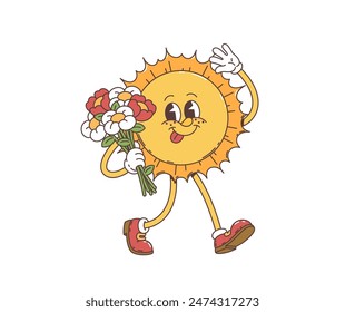 Cartoon groovy retro funny sun character with funky face and daisy flowers, vector 70s hippie art. Comic groovy funny sun happy shining with smile and bunch of flowers, cartoon funky emoji or emoticon