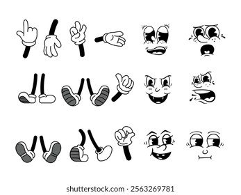 Cartoon groovy retro hand, foot and face. Vector set Comic hands in gloves, vintage legs and foot in shoes and funny emotion black and white. Different poses arm and feet. Body parts mascot. 