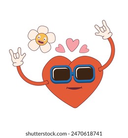 A cartoon groovy retro heart character with vinatage sunglasses and a tongue sticking out. The heart is surrounded by flowers.