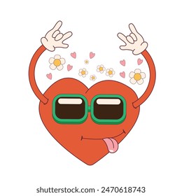 A cartoon groovy retro heart character with vinatage sunglasses and a tongue sticking out. The heart is surrounded by flowers.