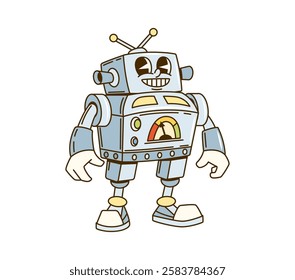 Cartoon groovy retro robot funny character. SCI FI retro droid cartoon isolated vector character. Boxy alien cyborg robot or heavy metal android funny personage with analog gauges and antennas