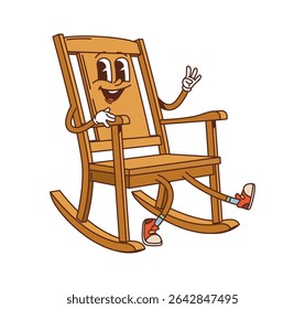 Cartoon groovy retro rocking chair wooden furniture and interior character smiling with big eyes, sneakers and peace gesture. Vector funky nostalgic vintage personage with relaxed hippie cozy y2k vibe