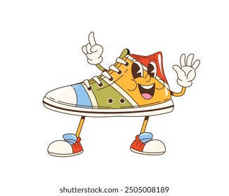 Personaje de zapatilla de deporte retro de dibujos animados. Vector aislado alegre, personaje de zapato adolescente multicolor, bota de calzado vintage funky en colores vibrantes, con expresión facial peculiar, símbolo de cultura juvenil