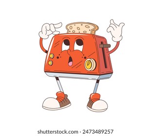 Caricatura groovy personaje retro tostador con cara funky, arte hippie de los años 70 del Vector. tostadora de dibujos animados groovy con rebanada de pan tostado con cara funky, vibra positiva del desayuno de la mañana y emoticono de emoji