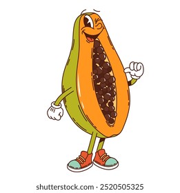 Cartoon groovy ripe papaya fruit character cheerfully winks and giving thumbs-up, showcasing vibrant and friendly smile. Isolated vector tropical papaya fruit personage is sliced open, revealing seeds