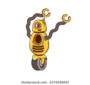 Cartoon groovy robot character features rounded body flexible mechanical arms, antenna, single eye and wheel. Vector droid with friendly face happy smile, exude nostalgic sci fi retro vibe of 1980s