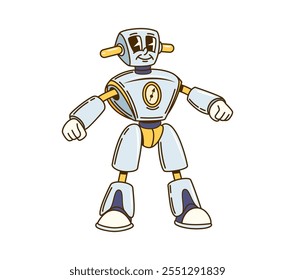 Personaje de robot de dibujos animados groovy de pie con confianza con los puños apretados y sonrisa juguetona. Aislado Vector ai tech droid personage exuda amigable y nostálgico sci fi retro futurista vibe de los años 80