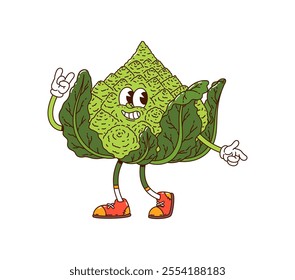 Cartoon groovy Romanesco cabbage vegetable character. Vector cheerful and quirky fresh veggie, healthy farm food personage with happy expression, wearing vintage sneakers, exudes funky and retro vibe