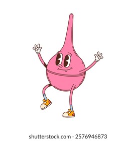 Cartoon groovy rubber enema medicine and health care character with smiling face and playful hippie y2k vibe. Isolated vector pink clyster retro personage retro promotes wellness and medical procedure