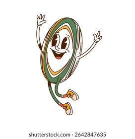 Cartoon groovy rugby ball sport character. Vector retro personage with a happy expression, represents positivity, fun, y2k vibe and energetic movement, conveying nostalgic and cheerful hippie