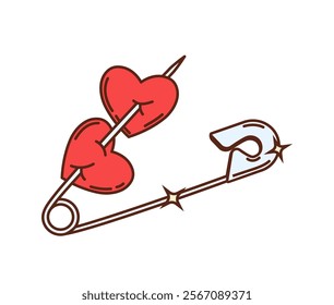 Cartoon groovy safety pin adorned with two red hearts, capturing the essence of Valentine day celebration, love and romantic relations. Isolated vector symbol of affection, bonding and loving couple