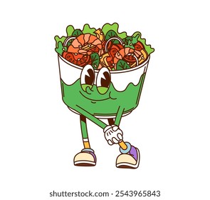 Cartoon groovy salada tigela fast food personagem. vetor isolado xícara descartável brincalhão preenchido com ingredientes vibrantes como legumes frescos, alface, tomates e cebolas e camarão criando diversão promo