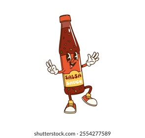 Cartoon groovy salsa sauce bottle character with expressive eyes, wearing sneakers, and giving a playful double peace sign gesture. Isolated vector food dressing retro personage with a fun expression