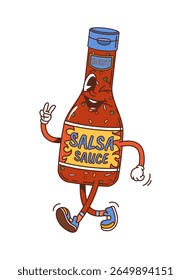 Cartoon groovy salsa sauce bottle character with smiling face, finger up gesture and confident pose. Vector retro condiment, vintage food container personage with funky and expressive y2k vibe