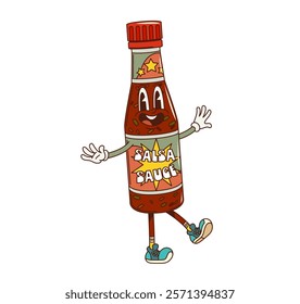 Cartoon groovy salsa sauce character with funny face, vector comic bottle. Groovy BBQ grill sauce or spicy Mexican chili salsa bottle with crazy funky smile for fast food cartoon retro character