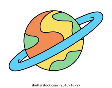 Ícone de saturno do desenho animado. Engraçado psicodélico 70s hippie saturn planet, 60s saturn espaço corpo plana vetor ilustração. Crachá de saturno hippie retrô