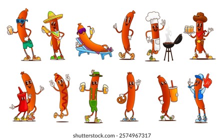 Cartoon groovy sausage characters of retro hippie meat food. Funny groovy sausages vector personages at barbecue party with grill, hot dogs, beer and cocktails, sunglasses, sombrero and chef hat