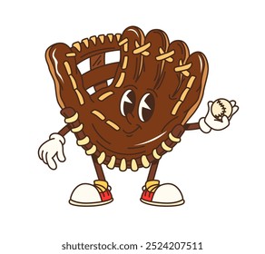 Cartoon groovy school baseball glove character holding a ball with a cheerful expression. Isolated vector playful sports personage exudes fun and sporty vibe, with expressive eyes and a friendly smile