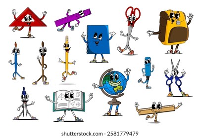 Cartoon groovy school education stationery characters and funny student supplies, vector comic. Groovy school characters of rulers with funky face and pencil with freaky smile, globe and school bag