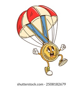 Cartoon groovy escola de ouro personagem medalha de ouro é paraquedas para baixo com um grande sorriso, mostrando uma expressão facial alegre e triunfante. Vetor isolado alegre, vitorioso personagem troféu medalha