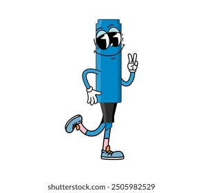 Personaje de marcador permanente de la escuela groovy de dibujos animados. Personaje de herramienta de escritura retro divertido de Vector aislado que golpea la pose juguetona con un signo de paz, transmitiendo un ambiente alegre y enérgico para la educación o el arte