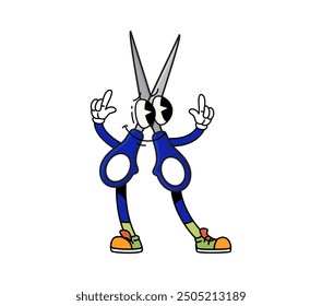 Cartoon groovy school scissors character exudes retro and fun vibes with vibrant blue color and cheerful expression. Isolated vector office stationery, educational personage gesturing and rejoice