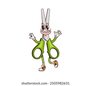 Cartoon groovy school scissors character. Isolated vector office stationery, educational personage gesturing and rejoice, exudes retro and fun vibes with vibrant green color and cheerful expression