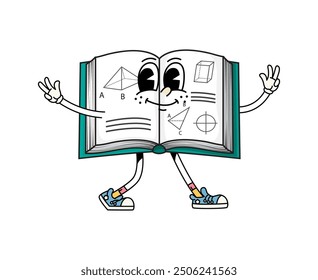 Caricatura de libro de texto de la escuela groovy. Personaje de libro retro de geometría abierta de Vector aislado en estilo funky de los años 60, 70, alegremente destellando una amplia sonrisa de bienvenida y signos de paz. Regreso a la educación escolar