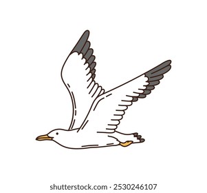 Cartoon groovy seagull, isolated vector graceful and free bird with white feathers, gray wing tips and yellow beak soars in mid-flight with wings spread wide, creating a sense of freedom and movement