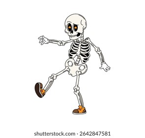 Cartoon groovy skeleton Halloween character with glowing orange eyes, striking a playful pose while wearing stylish sneakers. Isolated vector fun and playful personage with a vintage spooky y2k vibe