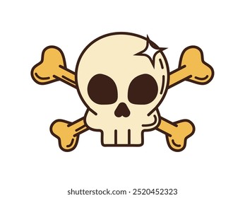 Cartoon groovy skull with crossbs, pirate and corsair jolly roger emblem. Isolated vector skeletal remains sign, exuding spooky seafaring charm. filibuster or sailor sparkling skeleton head