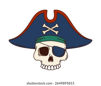 Cartoon groovy skull pirate, corsair and captain character in cocked hat. Isolated vector Jolly Roger filibuster or sailor skeleton in tricorn cap grins menacingly, exuding spooky seafaring y2k vibe