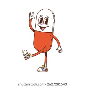 Cartoon groovy smiling medicine capsule character. Vector funny pill in retro hippie sneakers poses with joyful emotion and peace hand gesture. 60s or 70s inspired medical drug y2k comic personage