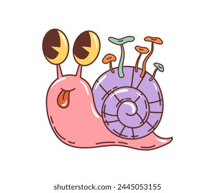 Cartoon groovy snail character. Isolated vector colorful, laid-back cochlea insect with oversized round eyes, sticking tongue and colorful mushrooms grow on spiral shell, cruising with a chill vibe