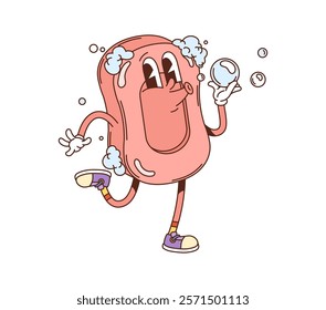 Cartoon groovy soap bar character with bubbles and foam, expressing relaxed and carefree y2k vibes. Isolated vector playful cleaning and washing retro personage for hygiene, cleanliness, personal care