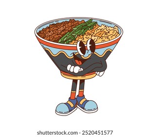 Cartoon groovy soboro don donburi Charakter. Vektor-Schüssel mit japanischem Essen, mit gemahlenem Fleisch und lebendigen grünen Zwiebeln über einem Bett aus gedünstetem Reis. Retro-Persönlichkeit mit fröhlichem Gesicht und Lächeln