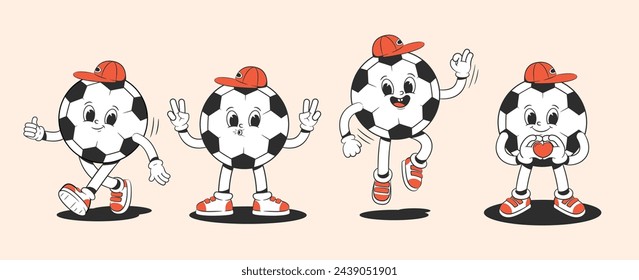 Cartoon groovy soccer ball character in groovy style in different poses. Characters from the 30s. Funny colorful illustration in hippie style.