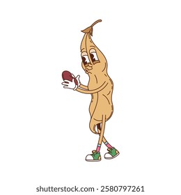 Cartoon groovy soy bean pod vegetable character. Isolated vector cheerful bean pod retro personage with dry husk, wearing vintage sneakers, holding a kidney seed in hands exudes funky hippie y2k vibes