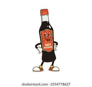 Cartoon groovy soy sauce bottle character with funny face, vector comic. Groovy funky soy sauce bottle cartoon character with happy silly smile or freaky face for Japanese cuisine or Asian noodles