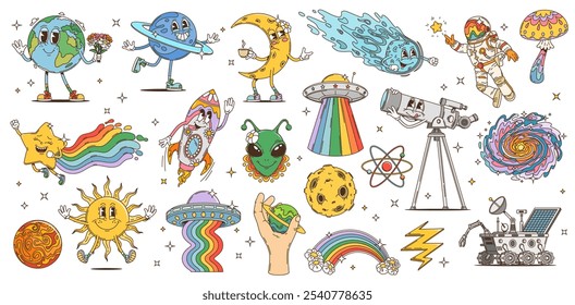 Cartoon groovy space characters of retro hippie psychedelic astronaut, alien, UFO, rocket and planets. Vintage trippy vector personage of cute Earth, Moon, comet and star, happy Sun and telescope