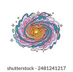 Cartoon groovy space galaxy or nebula cosmic dust, vector retro funky comic art. Groovy cartoon galactic stars in nebula with psychedelic swirl of interstellar sun planet and twinkling stars