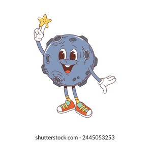 Cartoon groovy space planet character with twinkle star in hand. Isolated vector celestial personage with wide cheerful smile and craters, exudes psychedelic vibes, cosmic coolness and funky demeanor